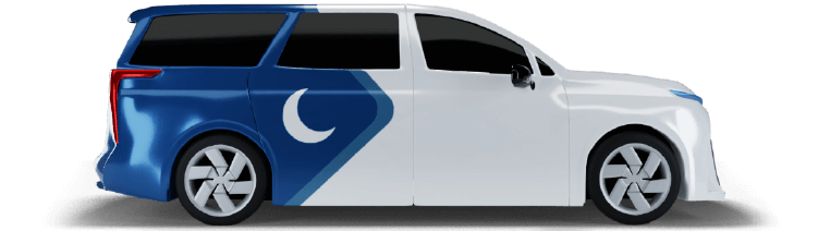 A white and blue MPV car with a printed white crescent representing TriumphFX islamic variable trading account.